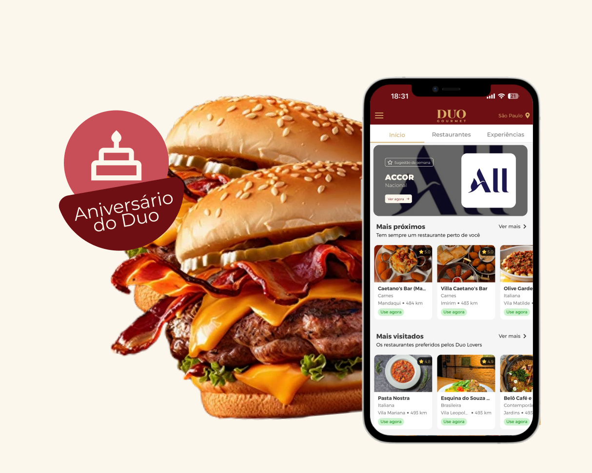 Hambúrguer e aplicativo Duo Gourmet