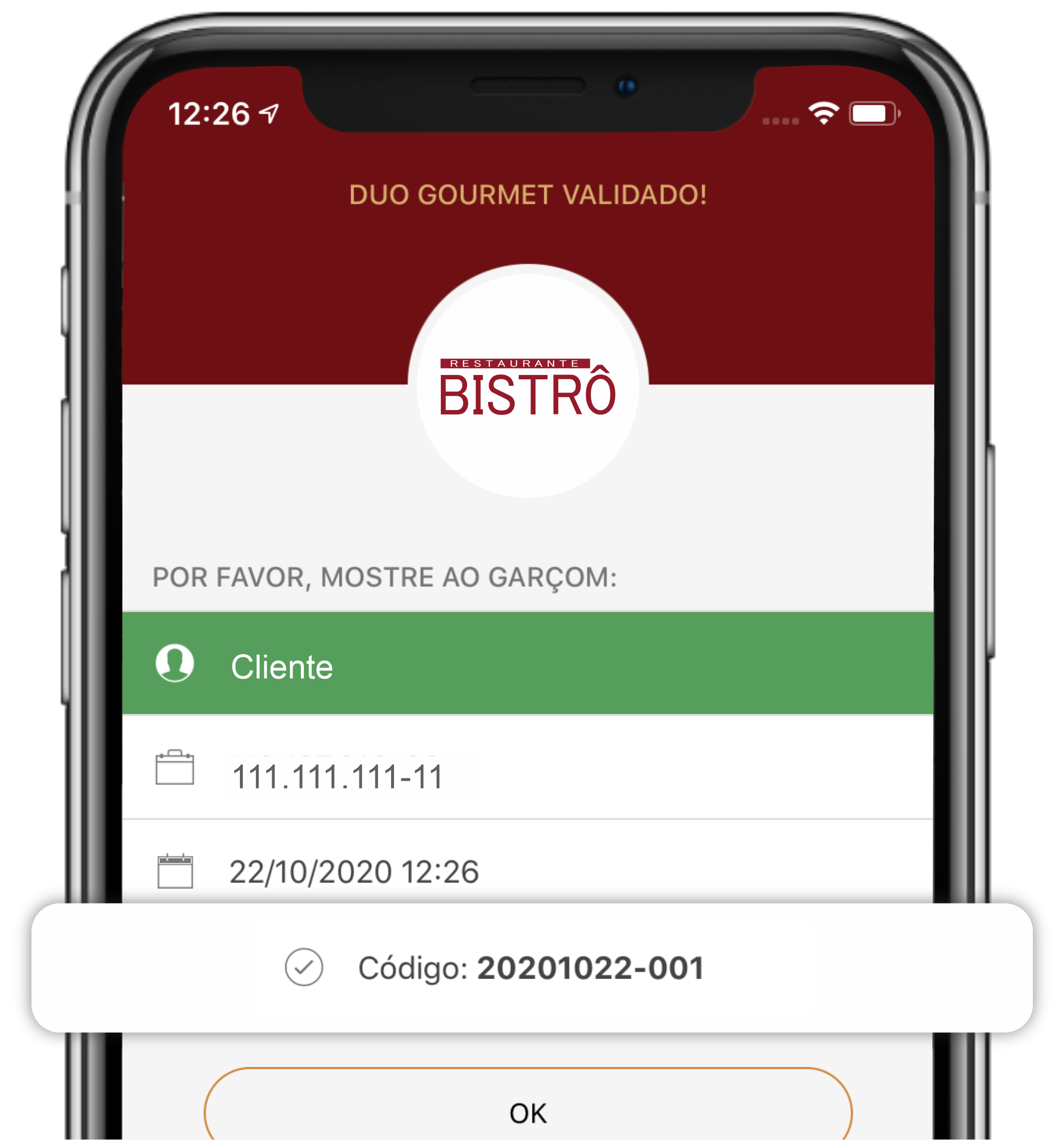 Mostre o código de assinante no app Duo Gourmet